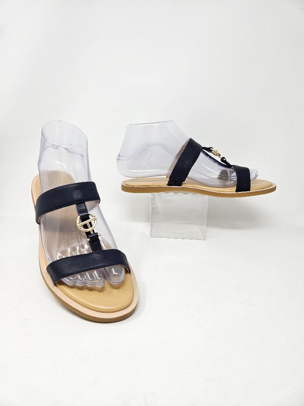 Talbots Size 6M Navy Blue Leather T-Strap Slip On Slides Flat Sandals Metal Ring